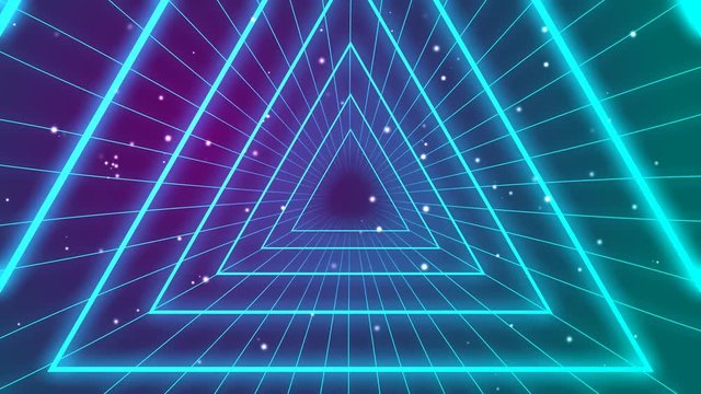 Retro 1980s synthwave glowing neon lights triangle tunnel fly-thru animation - seamless loopable