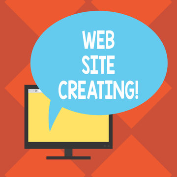 Handwriting text Web Site Creating. Concept meaning create site layout content production and graphic design Mounted Computer Monitor Blank Screen with Oval Color Speech Bubble