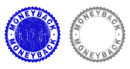 Grunge MONEYBACK stamp seals isolated on a white background. Rosette seals with distress texture in blue and gray colors. Vector rubber stamp imitation of MONEYBACK tag inside round rosette.
