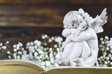 Angel and white flowers on vintage book