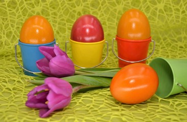 Fototapeta na wymiar easter eggs and tulips