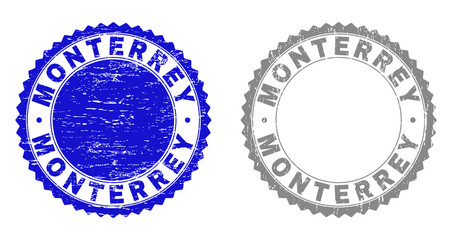 Grunge MONTERREY stamp seals isolated on a white background. Rosette seals with grunge texture in blue and gray colors. Vector rubber watermark of MONTERREY label inside round rosette.