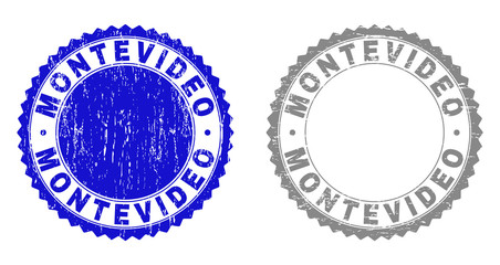 Grunge MONTEVIDEO stamp seals isolated on a white background. Rosette seals with distress texture in blue and gray colors. Vector rubber stamp imitation of MONTEVIDEO label inside round rosette.