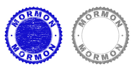 Grunge MORMON stamp seals isolated on a white background. Rosette seals with grunge texture in blue and grey colors. Vector rubber stamp imitation of MORMON caption inside round rosette.