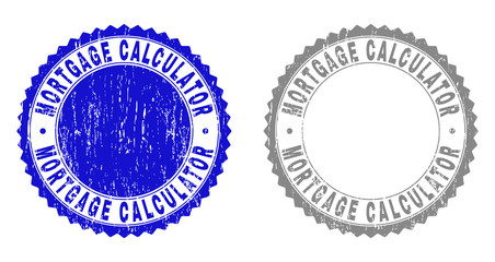 Grunge MORTGAGE CALCULATOR stamp seals isolated on a white background. Rosette seals with grunge texture in blue and grey colors.
