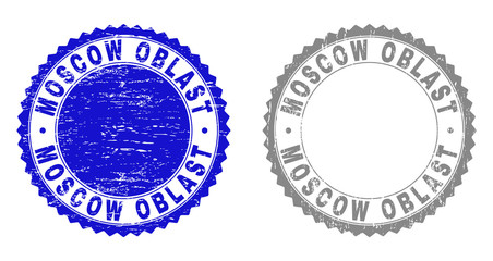 Grunge MOSCOW OBLAST stamp seals isolated on a white background. Rosette seals with grunge texture in blue and grey colors. Vector rubber stamp imprint of MOSCOW OBLAST label inside round rosette.