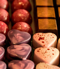 Colourful delicate danish belgium handmade chocolate heart square bauble closeup 