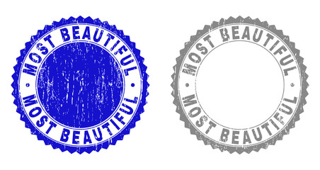 Grunge MOST BEAUTIFUL stamp seals isolated on a white background. Rosette seals with grunge texture in blue and grey colors. Vector rubber stamp imprint of MOST BEAUTIFUL title inside round rosette.