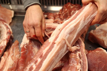 hands holding fresh pig meat