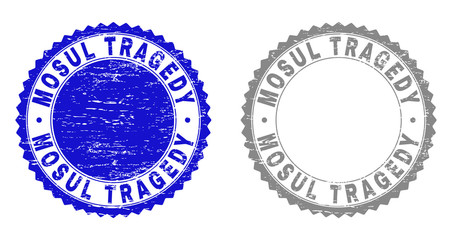 Grunge MOSUL TRAGEDY stamp seals isolated on a white background. Rosette seals with grunge texture in blue and gray colors. Vector rubber watermark of MOSUL TRAGEDY title inside round rosette.