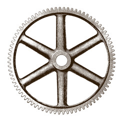 Antique iron gear or cog in frontal view, after an engraving or etching from the 19th century