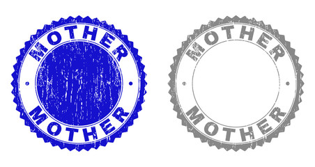Grunge MOTHER stamp seals isolated on a white background. Rosette seals with distress texture in blue and grey colors. Vector rubber stamp imprint of MOTHER tag inside round rosette.