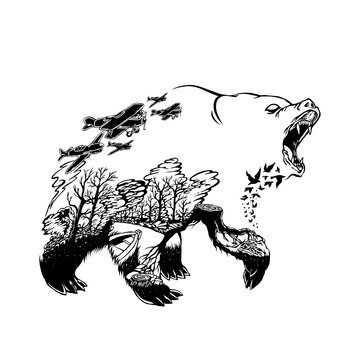 illustration of a bear with forest fires background