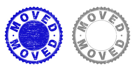 Grunge MOVED stamp seals isolated on a white background. Rosette seals with grunge texture in blue and gray colors. Vector rubber watermark of MOVED text inside round rosette.