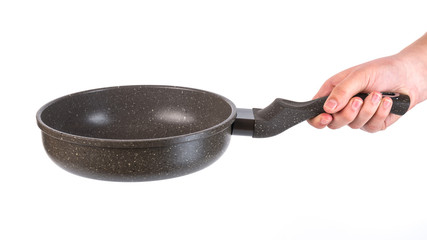 New Frying pan isolated in hand on white background