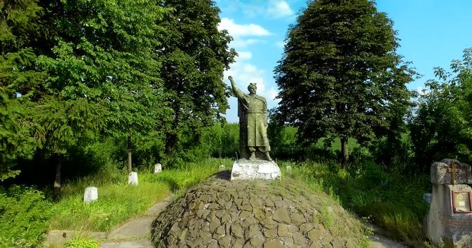 Monument to Bogdan Khmelnytsky.  Village of Gilch. Ukraine, Rivne region, Aerial drone view