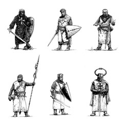Medieval knights illustration. Set of 6 crusaders. Historical digital drawing.	