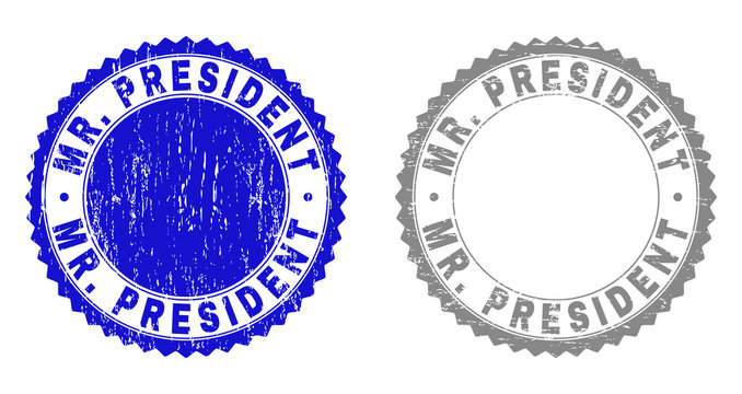 Grunge MR. PRESIDENT stamp seals isolated on a white background. Rosette seals with grunge texture in blue and gray colors. Vector rubber stamp imprint of MR. PRESIDENT label inside round rosette.