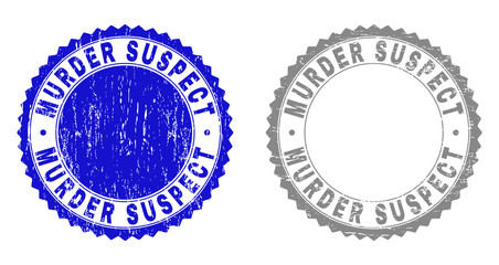 Grunge MURDER SUSPECT stamp seals isolated on a white background. Rosette seals with grunge texture in blue and gray colors. Vector rubber stamp imitation of MURDER SUSPECT tag inside round rosette.
