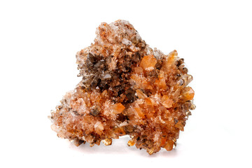 Macro of mineral stone Creedite on microcline on white background
