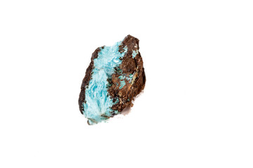 Macro mineral aurichalcite stone on microcline on white background
