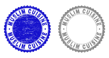 Fototapeta na wymiar Grunge MUSLIM CUISINE stamp seals isolated on a white background. Rosette seals with grunge texture in blue and grey colors. Vector rubber stamp imprint of MUSLIM CUISINE tag inside round rosette.