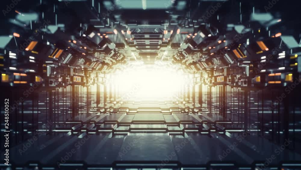 Poster futuristic technology hallway with illuminating lamps. science fiction spaceship interior. seamless 