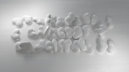 White hearts with shadow isolated on white wooden board background. 3D render of Valentine's day, February 14, love. Romantic wedding greeting card.Women's, Mother's day 3d illustration