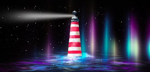 night neon landscape, lighthouse, water. Marine illustration, the northern lights, the rejection of light in the water.