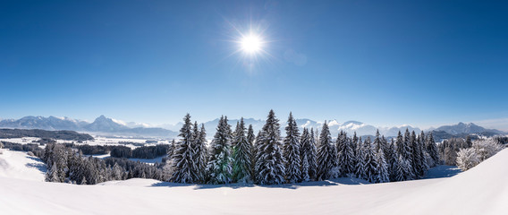 Obraz premium Panorama Landschaft in Bayern bei Füssen im Winter