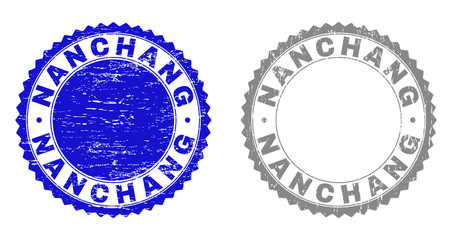 Grunge NANCHANG stamp seals isolated on a white background. Rosette seals with grunge texture in blue and grey colors. Vector rubber stamp imitation of NANCHANG title inside round rosette.