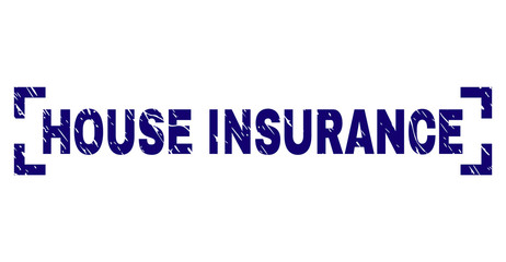 HOUSE INSURANCE tag seal watermark with grunge texture. Text tag is placed between corners. Blue vector rubber print of HOUSE INSURANCE with corroded texture.