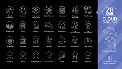 Cloud computing database editable stroke outline icon set on a black background with network digital data server and computer internet technology symbol.
