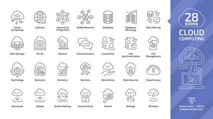 Cloud computing editable stroke outline icon set with global network data server and internet technology, database platform, computer digital system thin line sign. - obrazy, fototapety, plakaty