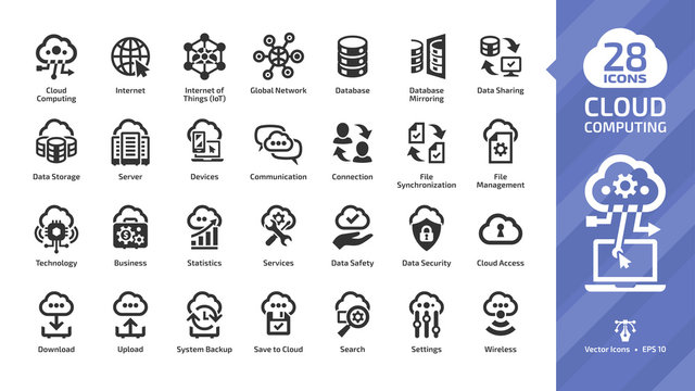 Cloud computing glyph icon set with network data server and internet technology, database platform digital system symbol.