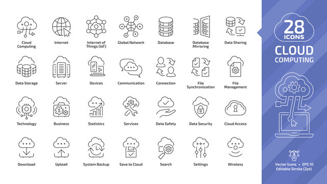 Cloud computing editable stroke outline icon set with global network data server and internet technology, database platform, computer digital system thin line sign.