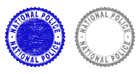 Grunge NATIONAL POLICE stamp seals isolated on a white background. Rosette seals with grunge texture in blue and grey colors. Vector rubber stamp imprint of NATIONAL POLICE text inside round rosette.