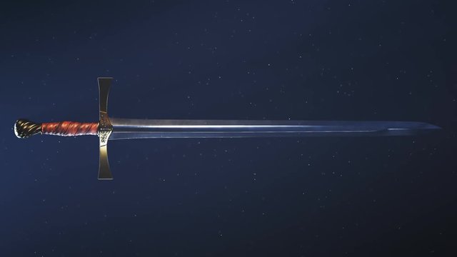 Sharp, shiny medieval steel sword against dark blue background. Knight weapon.