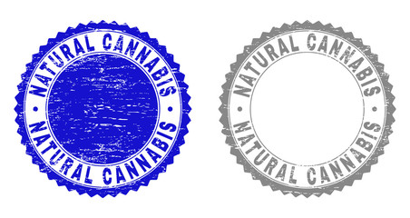 Grunge NATURAL CANNABIS stamp seals isolated on a white background. Rosette seals with grunge texture in blue and grey colors. Vector rubber watermark of NATURAL CANNABIS caption inside round rosette.