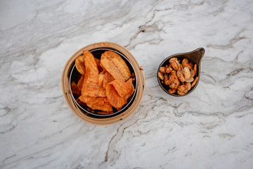 sweet banana crisps and fried cashew nuts