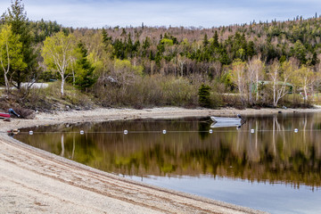 Obraz premium Shoreline and trees refelcted in the lagoon, Barachois Pond Provincial Park, Newfoundland, Canada