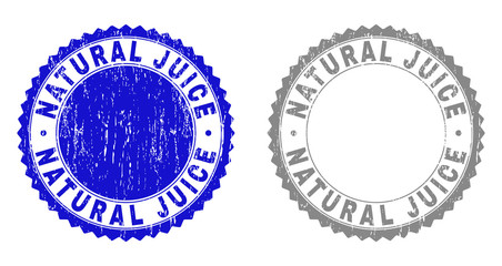 Grunge NATURAL JUICE stamp seals isolated on a white background. Rosette seals with grunge texture in blue and gray colors. Vector rubber overlay of NATURAL JUICE text inside round rosette.