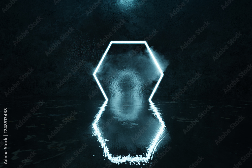 Poster 3d rendering of blue lighten hexagon shape with smoke in front of grunge wall background and glossy 