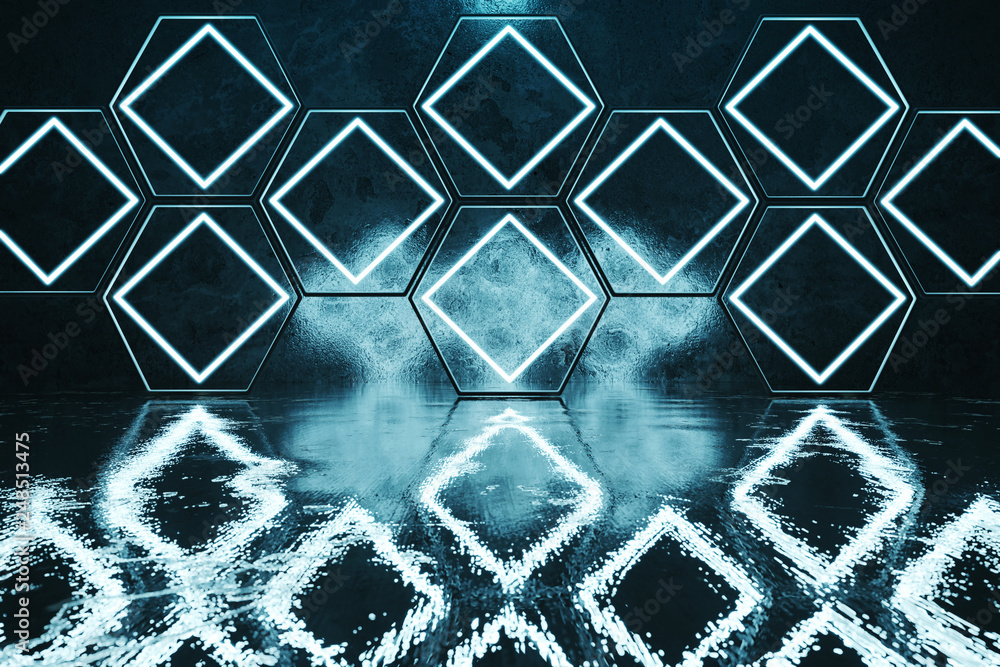 Aufkleber 3d rendering of blue lighten square and hexagon shape with light spot in front of grunge wall backgr