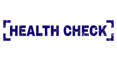 HEALTH CHECK text seal imprint with grunge texture. Text caption is placed between corners. Blue vector rubber print of HEALTH CHECK with dust texture.