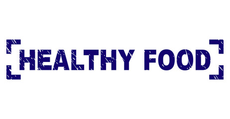 HEALTHY FOOD tag seal stamp with grunge texture. Text tag is placed between corners. Blue vector rubber print of HEALTHY FOOD with corroded texture.