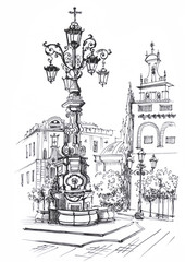 Naklejka premium Seville. Fountain of King's Square. Andalusia. Spain. Europe. Travel sketch. Handdrawn book illustration, touristic postcard or poster.