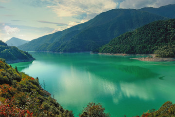 Mountain landscape. The reservoir on the river Inguri in Svaneti Georgia in the fall