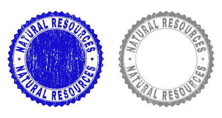 Grunge NATURAL RESOURCES stamp seals isolated on a white background. Rosette seals with grunge texture in blue and gray colors.