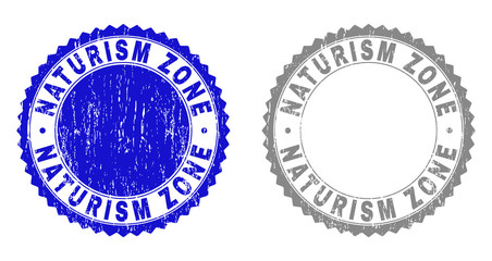 Grunge NATURISM ZONE stamp seals isolated on a white background. Rosette seals with grunge texture in blue and grey colors. Vector rubber stamp imprint of NATURISM ZONE title inside round rosette.
